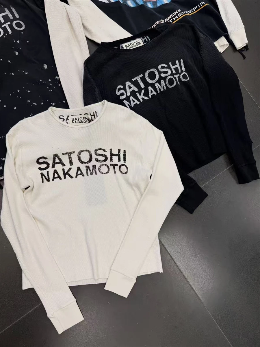 Autumn/Winter Satoshi Vintage Letter Printed Waffle Pattern Warm Cotton Long Sleeve High Street Casual Sports Versatile T-shirt