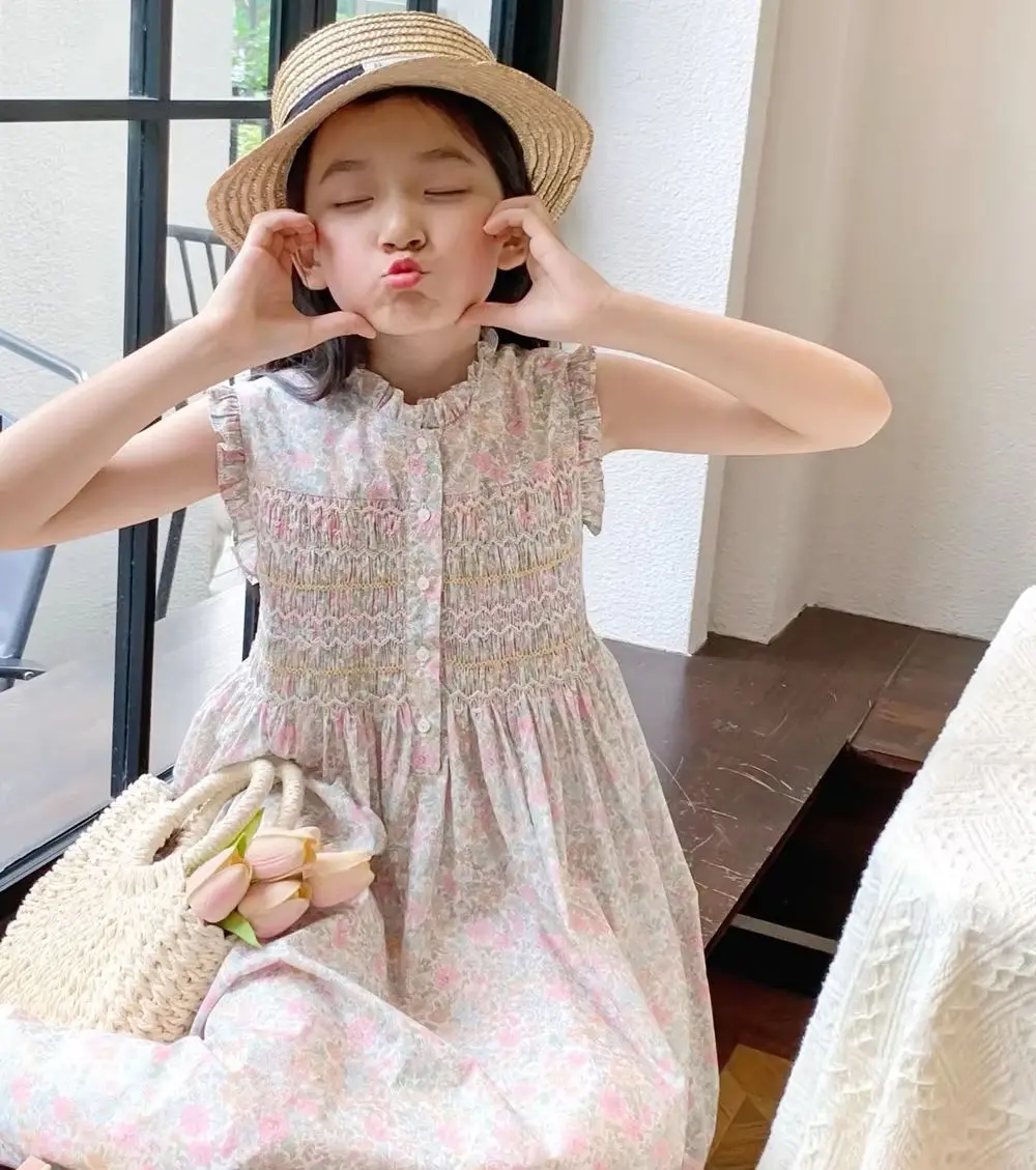 baby girls dress girls dresses French style girls' floral pattern sleeveless dress Handmade embroidered exquisite dress