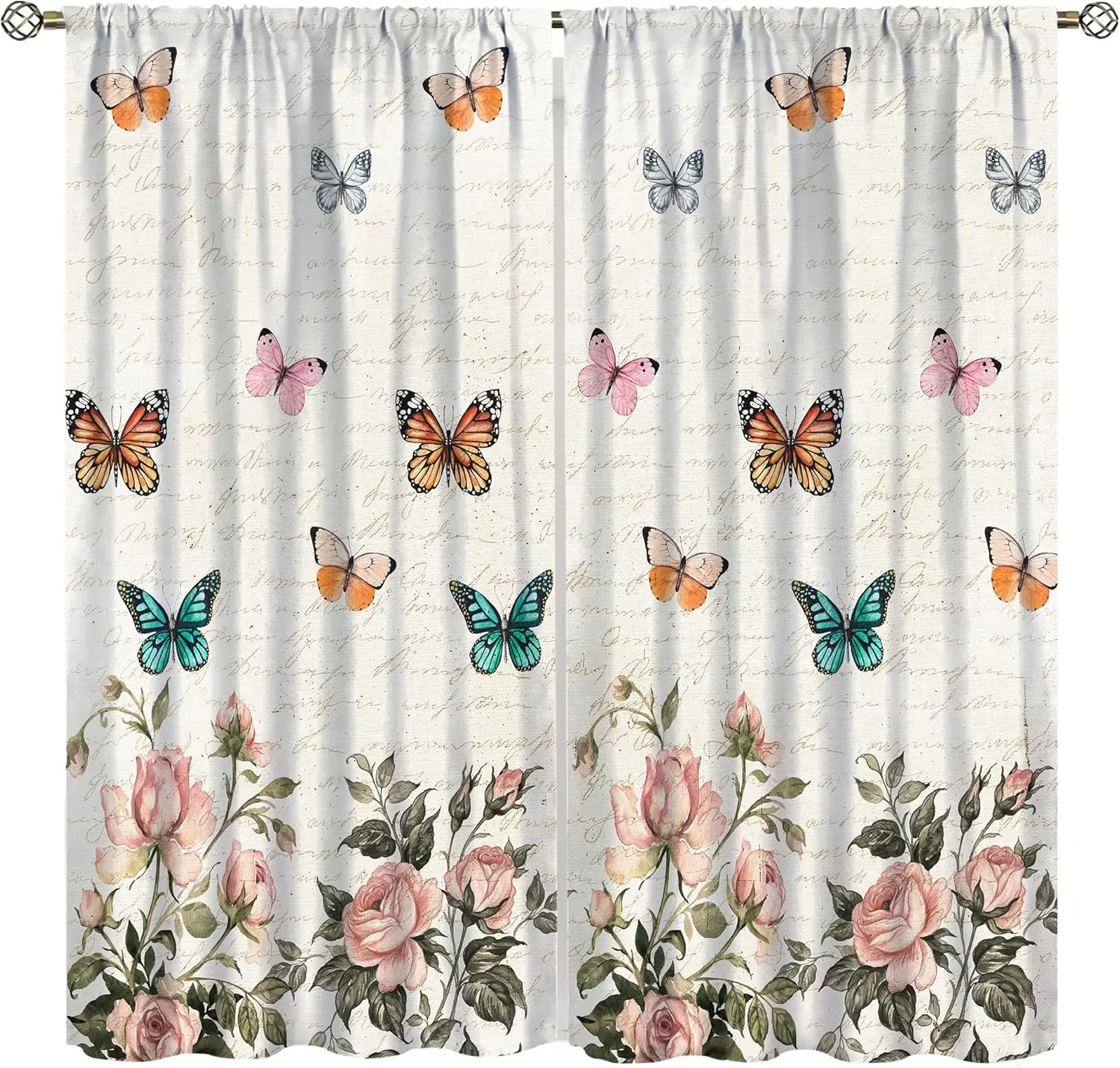 Retro Butterfly Blackout Curtains, Kids Girls Watercolor Vintage Pink Rose Floral Handwriting Window Treatments for Bedroom