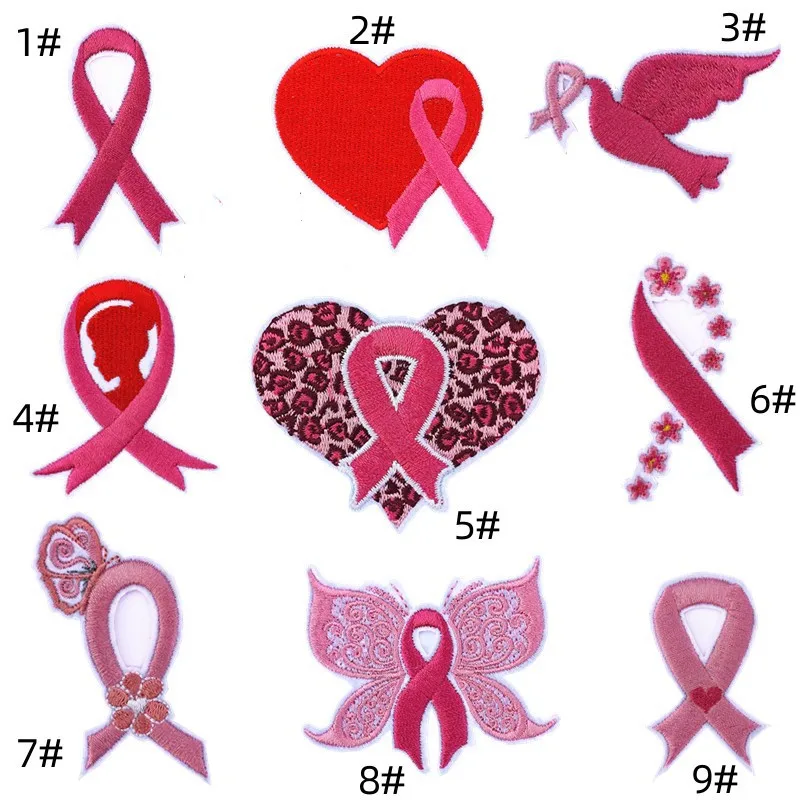 1 piece Iron On Pink Ribbon Breast Logo Patches Embroidered Heart Bows Women Clothing Dress Suit Sticker DIY Applique Badge