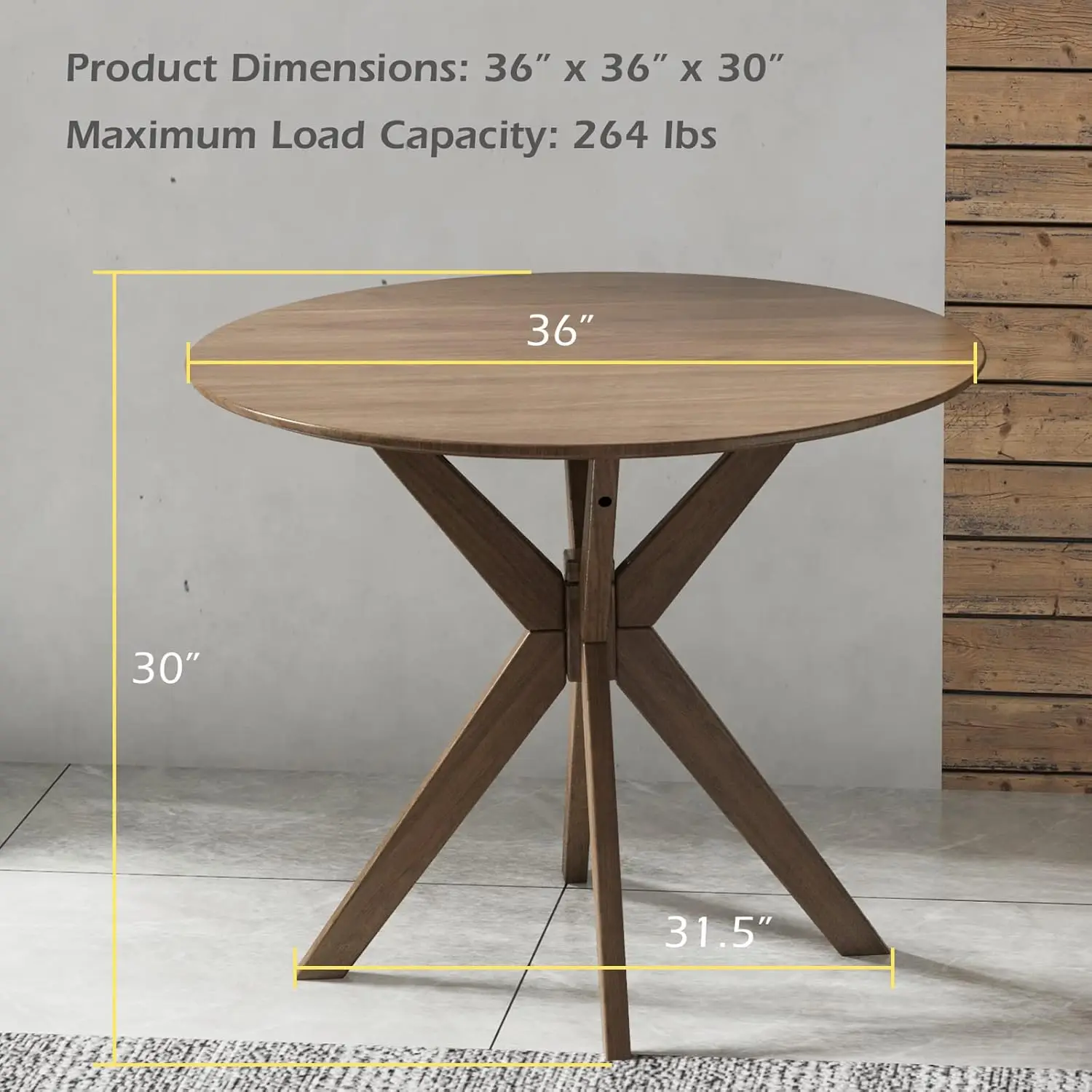 36' Round Wood Dining Table, Farmhouse Kitchen Table with Intersecting Pedestal Base, Solid Rubber Wood Legs, Brown