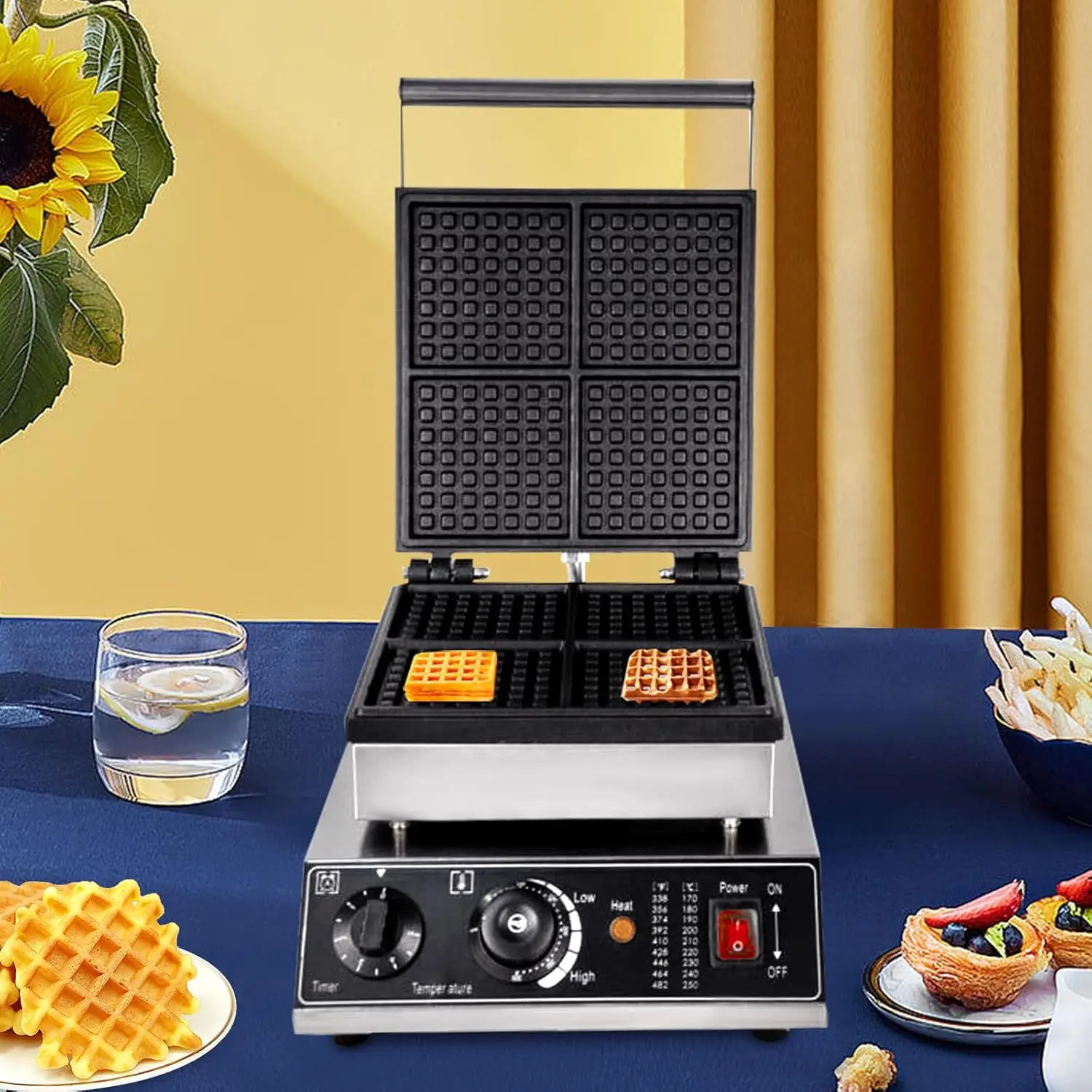 Máquina para hacer gofres comercial de 4 Uds., máquina para hacer muffins antiadherente de acero inoxidable de 1750W, máquina para hacer muffins cuadrada de 110V, Ste eléctrico