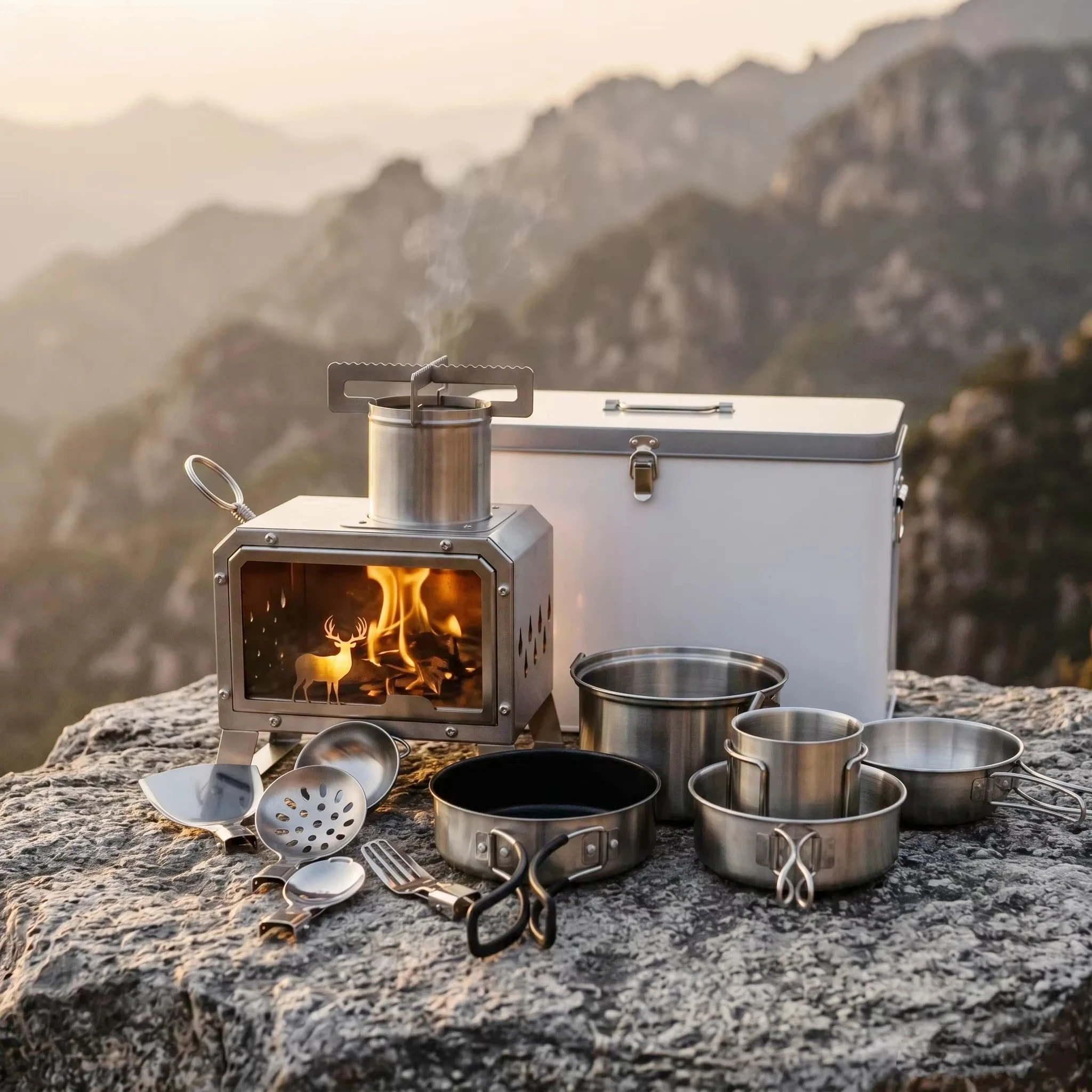Camping Cookware Set Kit Portable All in One with Stainless Steel Wood Stove for Outdoor Hiking Travel Cooking and Picnic