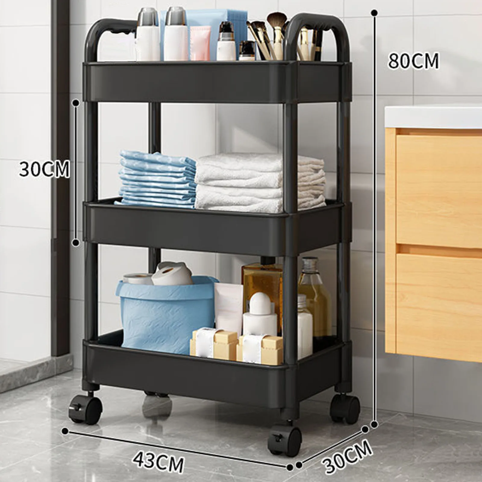 3 Layer Mobile Rolling Utility Cart Free Standing Organizer Trolley with Wheels for Kitchen Bedroom Bathroom Living Room