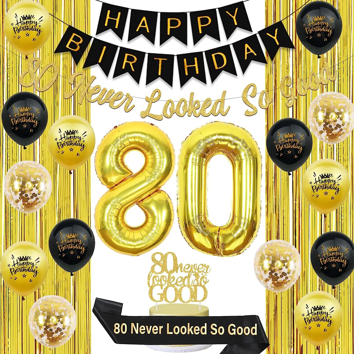 80th Birthday Decorations Gold Black for Men Women 80 Never Looked So Good Banner Glitter Cake Topper Sash Curtain 80 Balloons