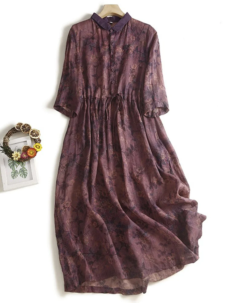 

Ретро-платье-рубашка из хлопка и льна с цветочным принтом, женское, с воротником, длинная юбка, короткий рукав, свободный крой, А-силуэт, летнее платье