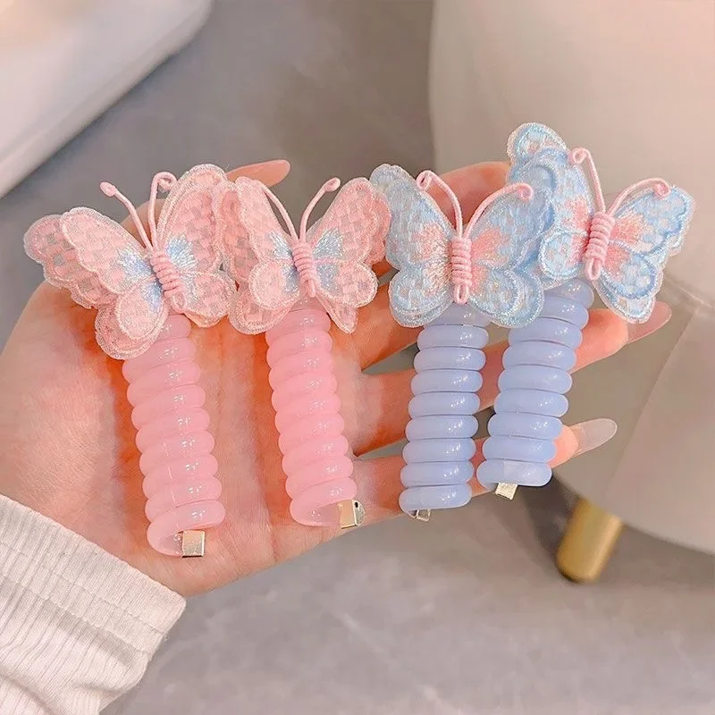 2PC Children's Lovely Embroidered Butterfly Hair Ring Elastic Spiral Hair Rope Ponytail Hair Band Headwear For Kids