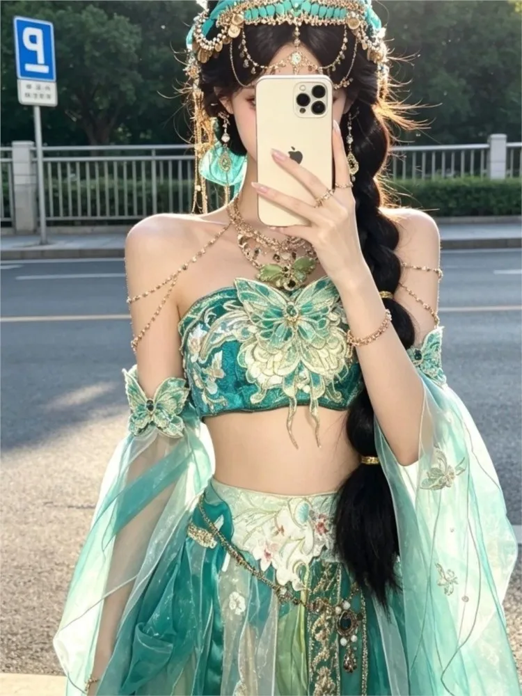 New Exotic Stand Cut Embroidered Cheko Waist Ribbon Pantskirt Feather Oversleeve Suit National Style