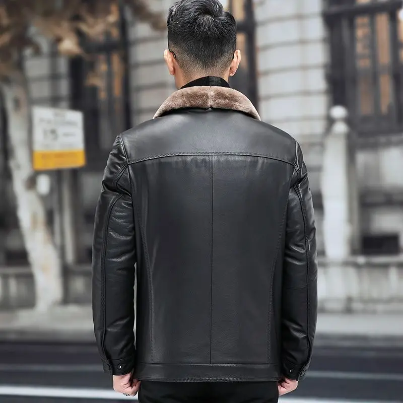 Winter Fur Leather One-Piece Leather Jacket For Men Warm Velvet Thick Lapel Zipper Natural Sheepskin Coat Man Business Casual