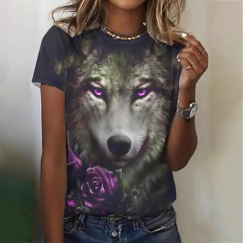 2024 Fashion Women's Crew Neck Short Sleeve T-shirt Printed 3D Wolf Oversized Women's Loose Top T-shirt Summer Casual T-shirt