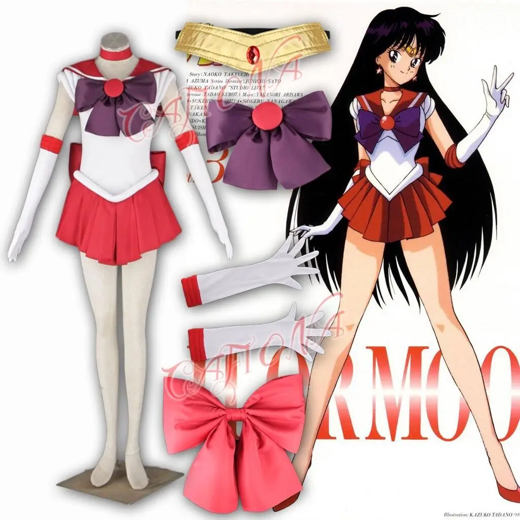 

Wholesale Sexy Sailor Mini Dress Hino Rei Sailor Mars Cosplay Costumes Women Halloween Red Dress Headband Necklace Gloves