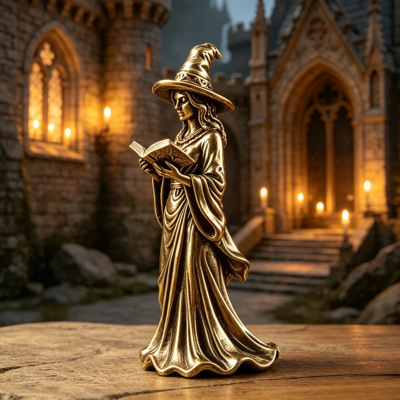 1 Piece Brass Witch Reading Book Ornament, Vintage Solid Magic Witch Decoration, Desktop Small Craft Ornament