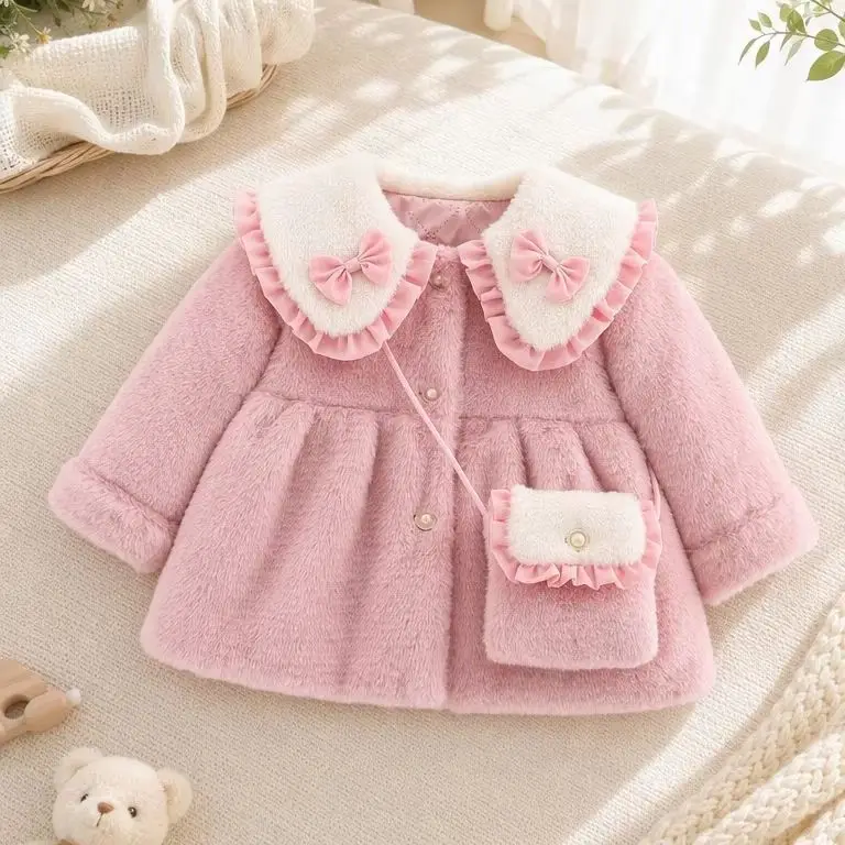 2Pcs/set Adorable Winter Children Furry Clothes Sweet Bow Soft Warm Coat 0-3 Years Old Kid Overcoat + Bag Children New Year Wear