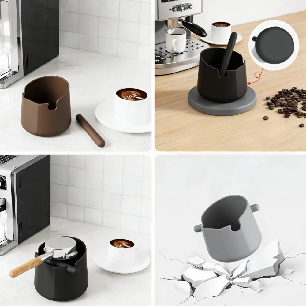 Silicone Coffee Knock Box with Removable Bar Black Grey Brown for Barista Espresso Grounds Collection