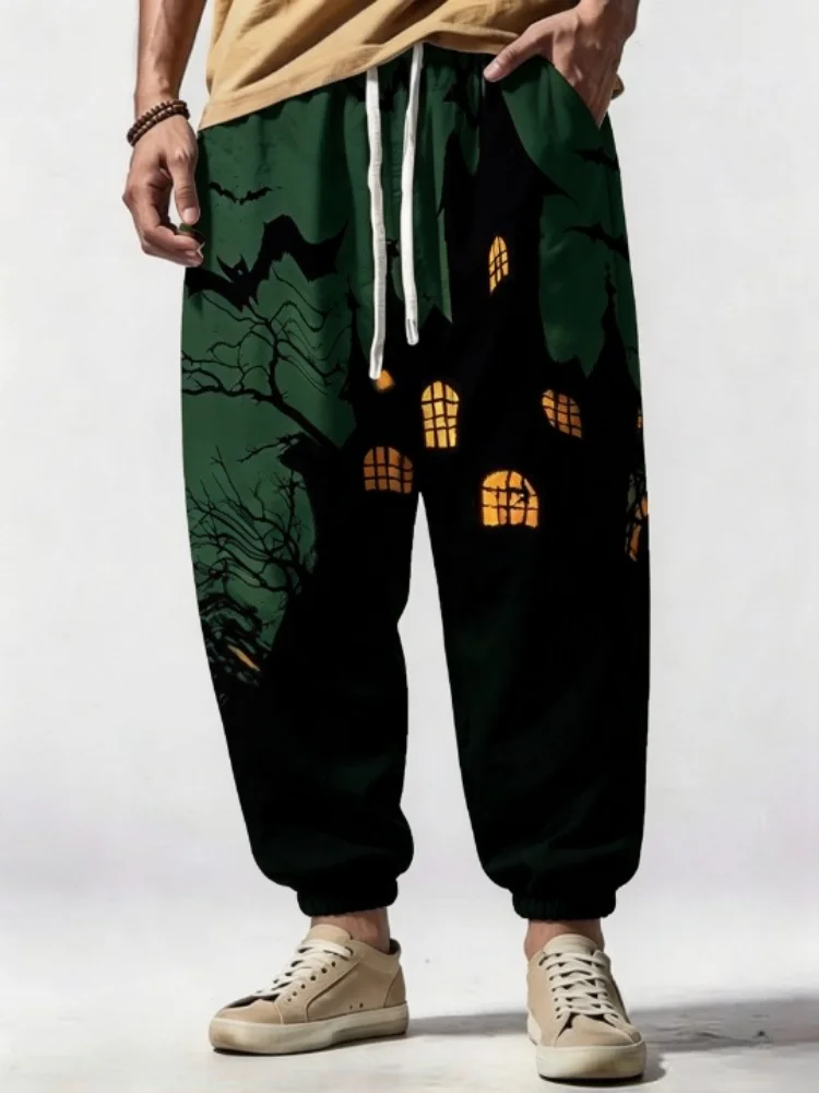 Mens Casual Drawstring Jogger Pants Vintage Halloween Haunted House Bat Tree Graphic Print Elastic Cuff Streetwear Trousers