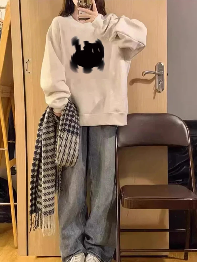 Thiened Fce sweat à capuche femme longue Sve rond Ne sweat mi-long surdimensionné américain Sle Faionable haut d'hiver