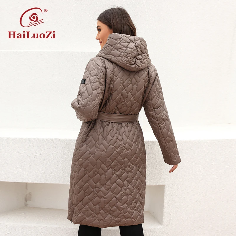 HaiLuoZi New Spring Jacket For Women 2022 Long Female Coat Warm Plus Size Parkas Fashion Belt Design Hooded Quilted Outwear 7081