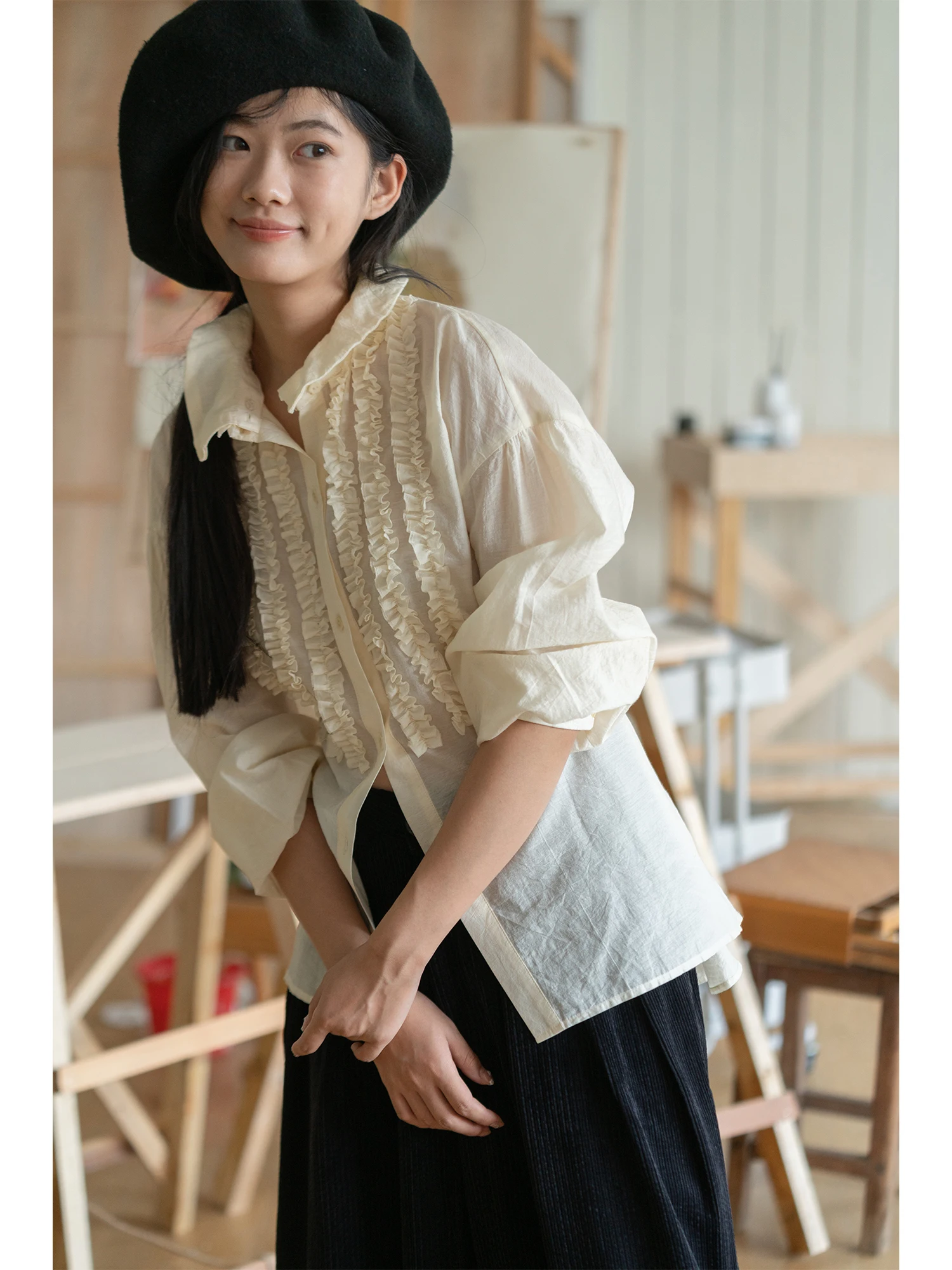 

DingDongMa Detachable Collar Decorative irt Casual Loose Fit Cotton Long Sve Women's irt Wooden Trim irt
