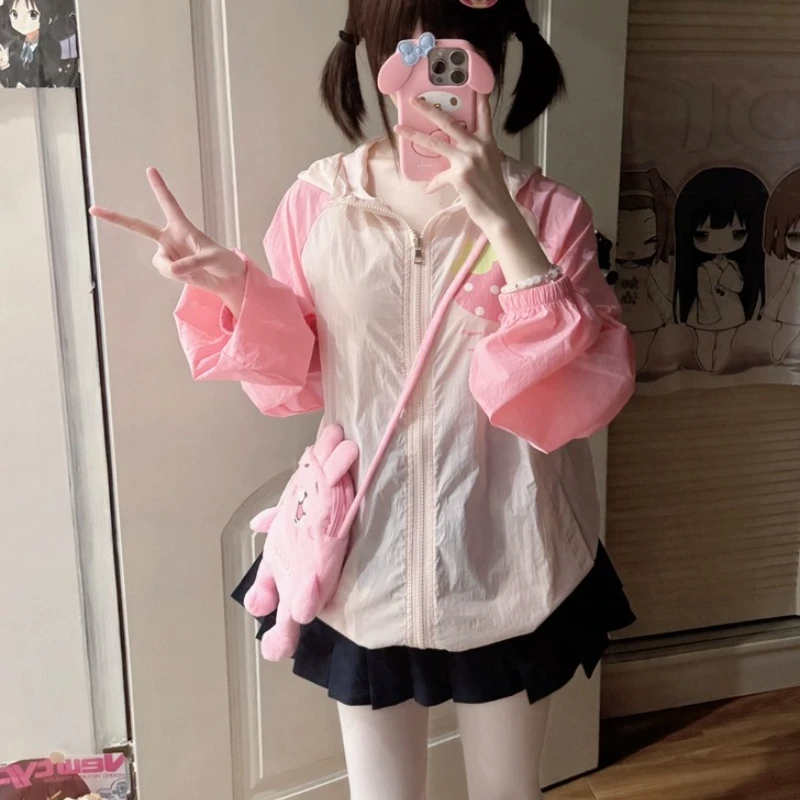 Japanese Fruit Print Hooded Women's Jacket Spring Summer Autumn Sweet Cute Breathable Color Block Sun Protection Coat Ladies