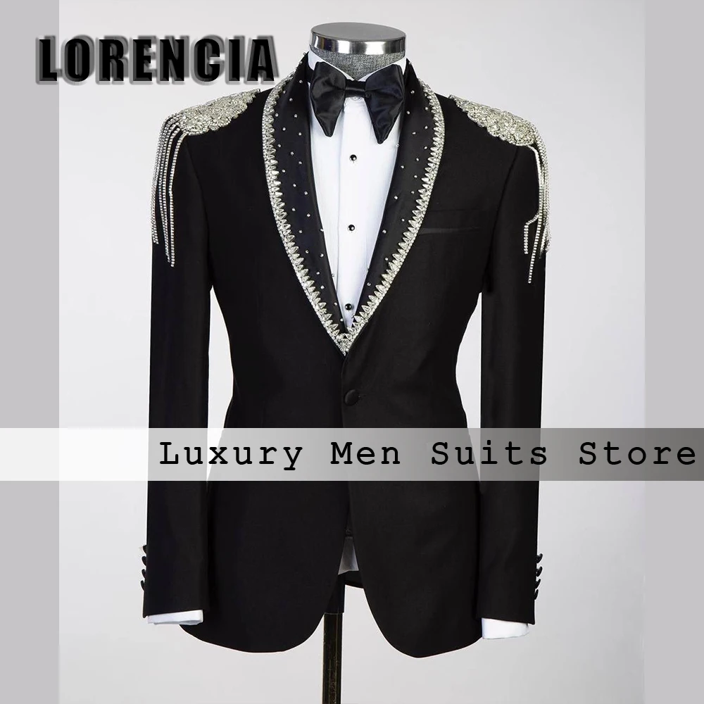 

Glitter Tassel Beading Suits for Men 2 Piece Shawl Collar Wedding Party Outfits Tuxedos Customized Blazer Pants zomerset heren
