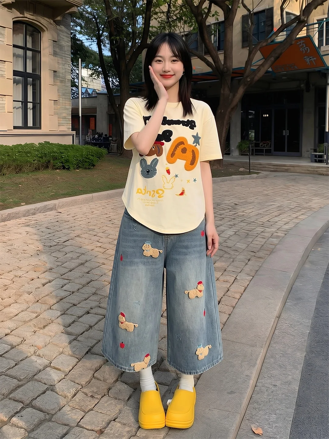 

Retro Dopaamine Cartoon Dog Embroidery Jeans High Waist Wide Leg Summer New Loose Thin Straight Leg Jeans for Women