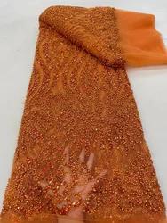 Burnt Orange Nigerian Handmade Beaded Tulle 5 Yards Lace Fabric African Luxury Sequins Pearls Mesh Fabric For Bridal Prom Dress