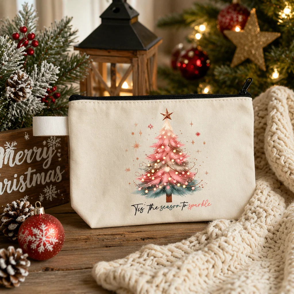 Happy Christmas Tree Pattern Zipper Stationery Storage Bag Aesthetic Christmas Canvas Makeup Bag Foldable Clutch Bag