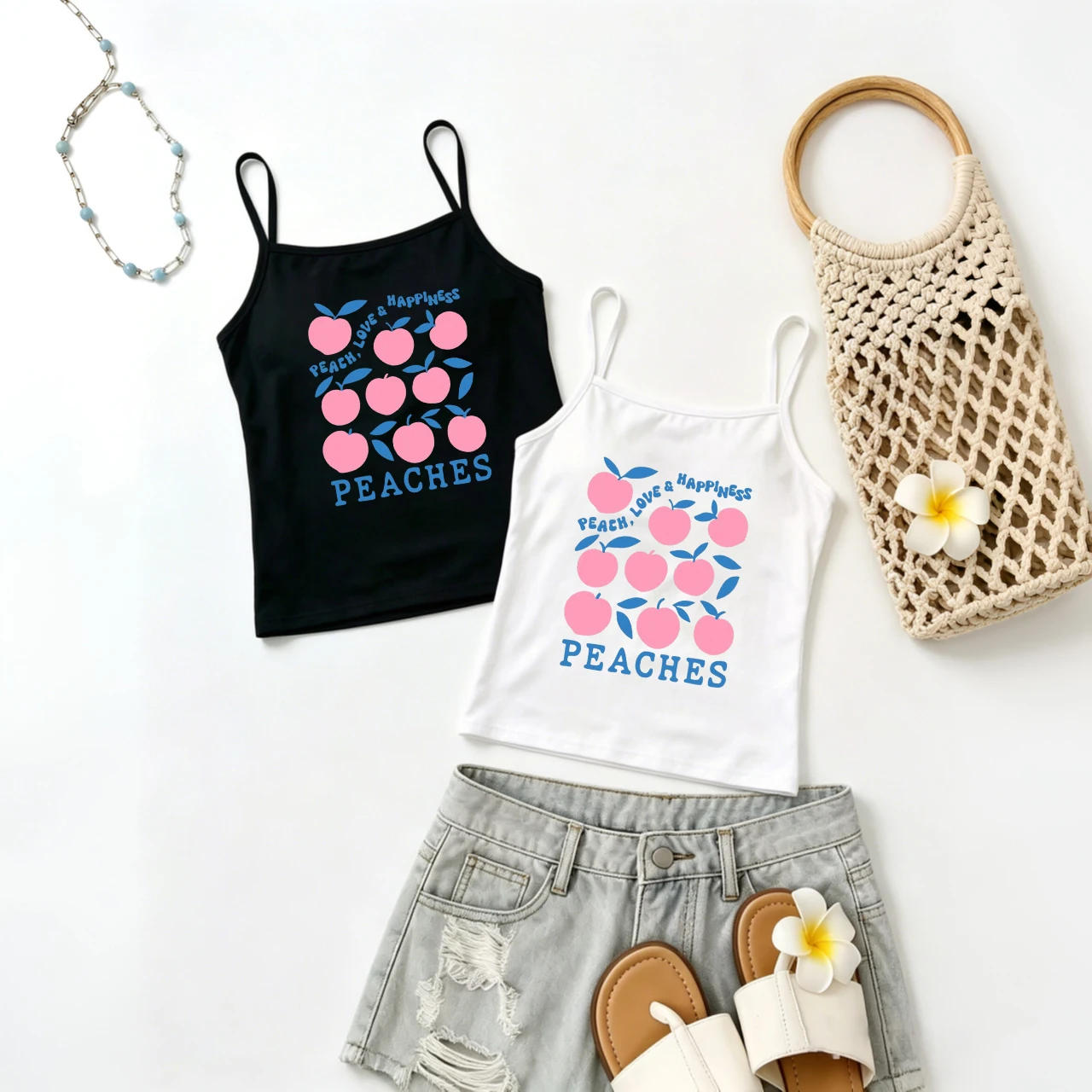 Pink Peach Cami Women Blue Leaf Print Tank Top Sleeveless Vest Summer Trendy Fashion Vibrant Daily Wear Cool Art Style Tee