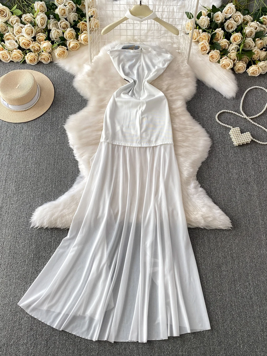 アメリカンスタイルのスパイシーガールブラックローズプリントストラップレスドレス女性の夏の純粋な欲望メッシュスプライスレース裾ロングスカート