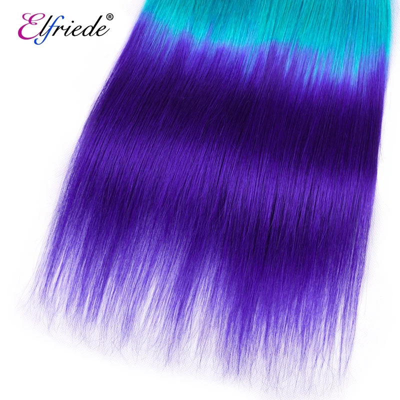 Elfriede #T1B/Light Blue /Blue Straight Ombre Colored Hair Bundles with Closure Human Hair Wefts 3 Bundles with Lace Closure 4x4