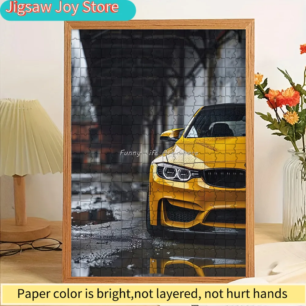 

Paper Jigsaw Puzzle Bold Yellow BMW M4 Sports Car with Industrial Wet Pavement Scene Art Print Wall Decor Modern German Performa