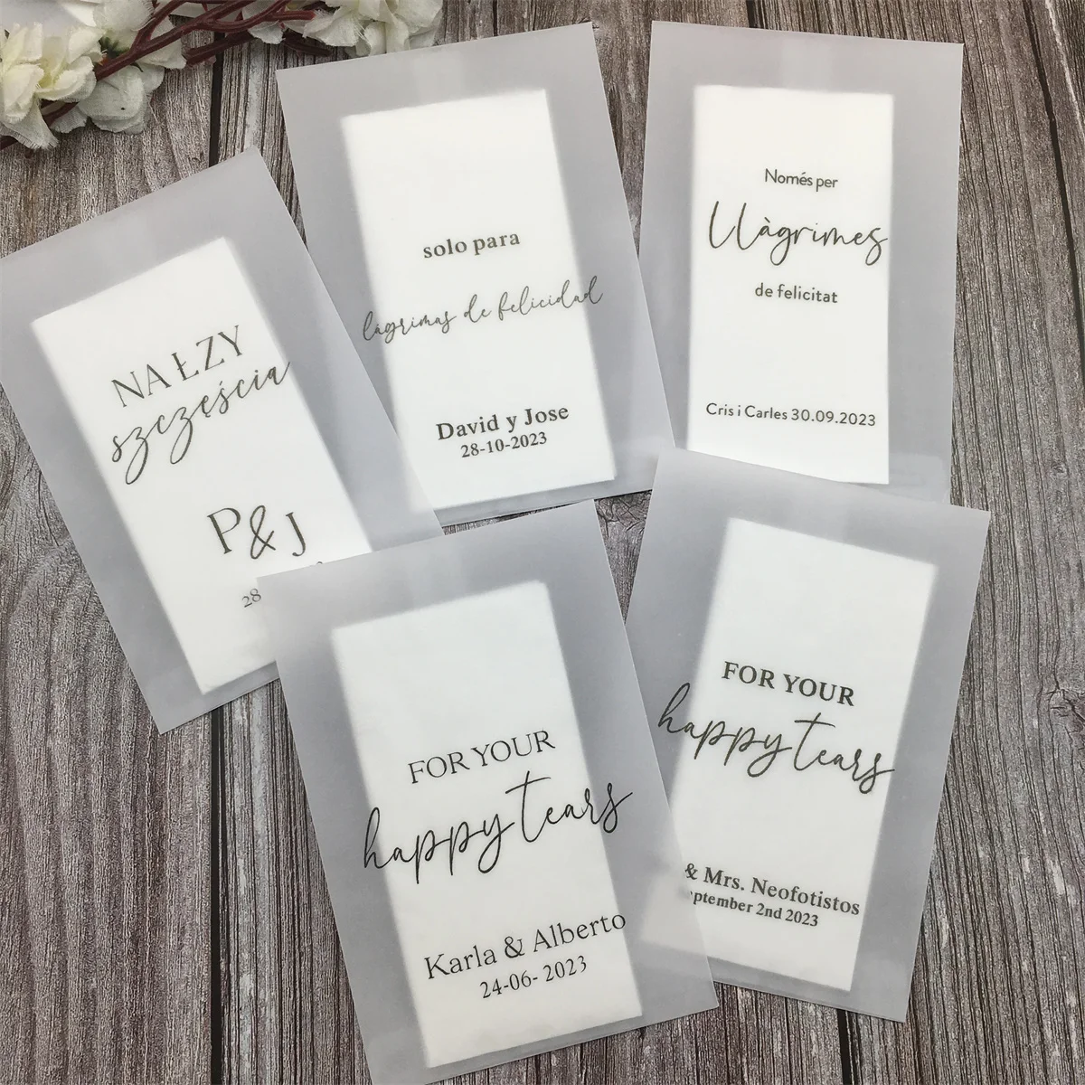 25pcs Happy Tears Wedding Tissues Packets 100% Biodegradable Glassine - Pre Filled Wedding Tissue Bag Personalised