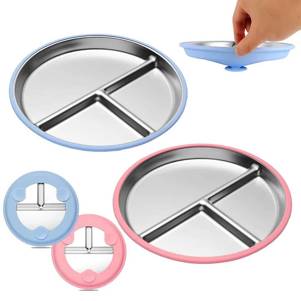 9 Inch Stainless Steel Toddler Plate with Suction Base, BPA-Free Non-Toxic, Microwave & Dishwasher Safe for Kids 1-3 Years