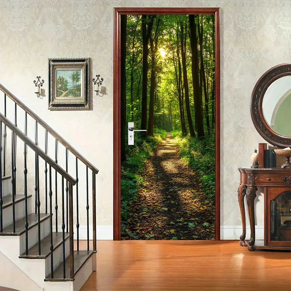 1 pair of forest path art self-adhesive door stickers, including sunlight and trees, with realistic leaf design, suitable for do