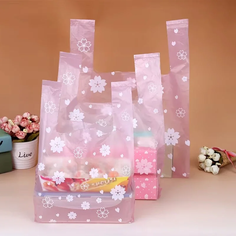 100 Pcs Sakura Plastic Bag with Handle 4 Sizes Fresh-keeping Candy Wedding Cartoon Gift Shopping Kitchen Storage Organization