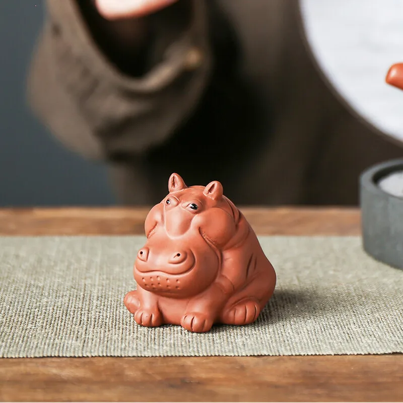 Fortune Hippo Statue Tray Decoration Zisha Clay Tea Pet Handmade Artware Small
