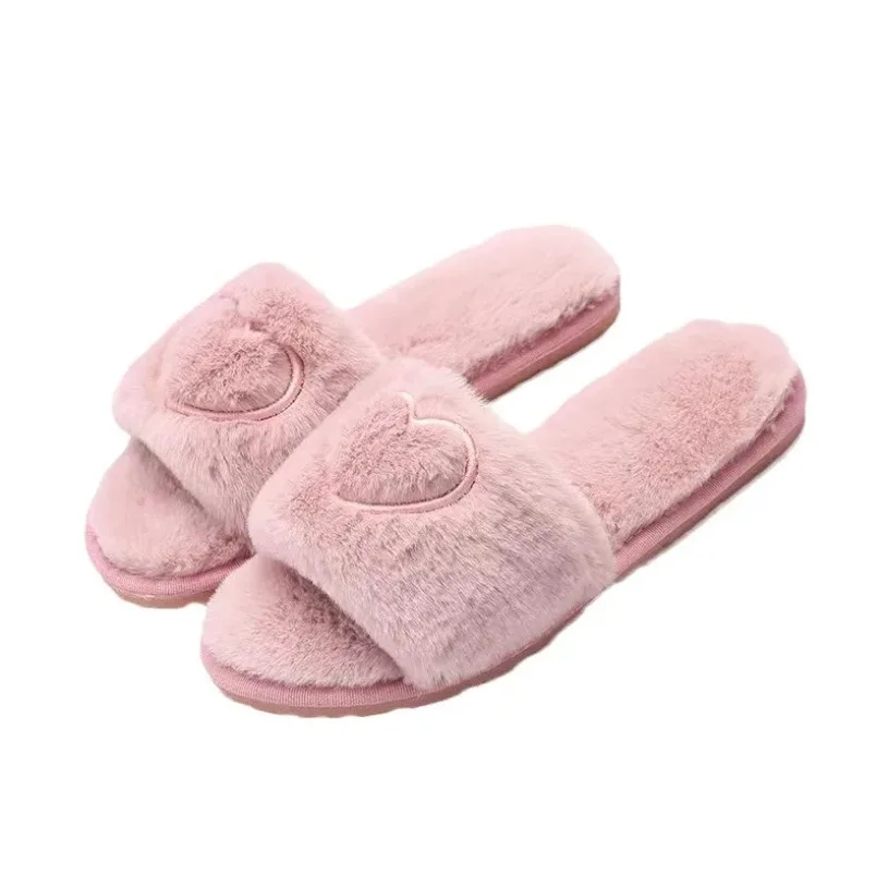 Winter Plush Family slippers Ladies Interior Floor Non slip Love Warm plush Stylish family shoes Flat Solid Color Fluffy 2025new