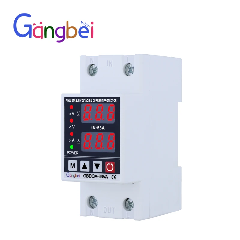 Din Rail Dual Display Adjustable Over Voltage Current and Under Voltage Protective Device Protector Relay 63A 220V 230V Gangbei