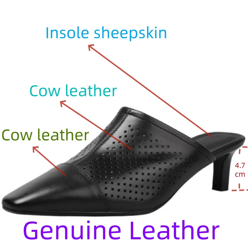 【JOCHEBED HU】Handmade Genuine Leather Slip On Closed Toe Women Hollow Out Slipper Square Toe Mid Heel Slides Summer Slides 34-40