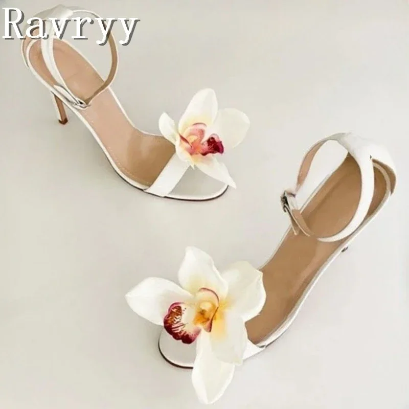 

Women New Flower Decor Wedding Shoes Brand Design Thin High Heels Sandals Open Toe Summer Party Dress Shoes