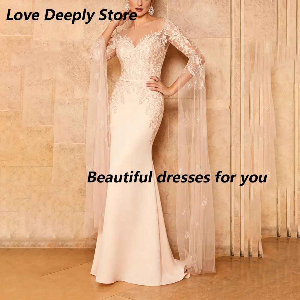 Customized Blush Illusion Neck Mother Of Bride Dresses Long Lace Beaded Cape Sleeve Mermaid Backless Satin Wedding Guest Gown