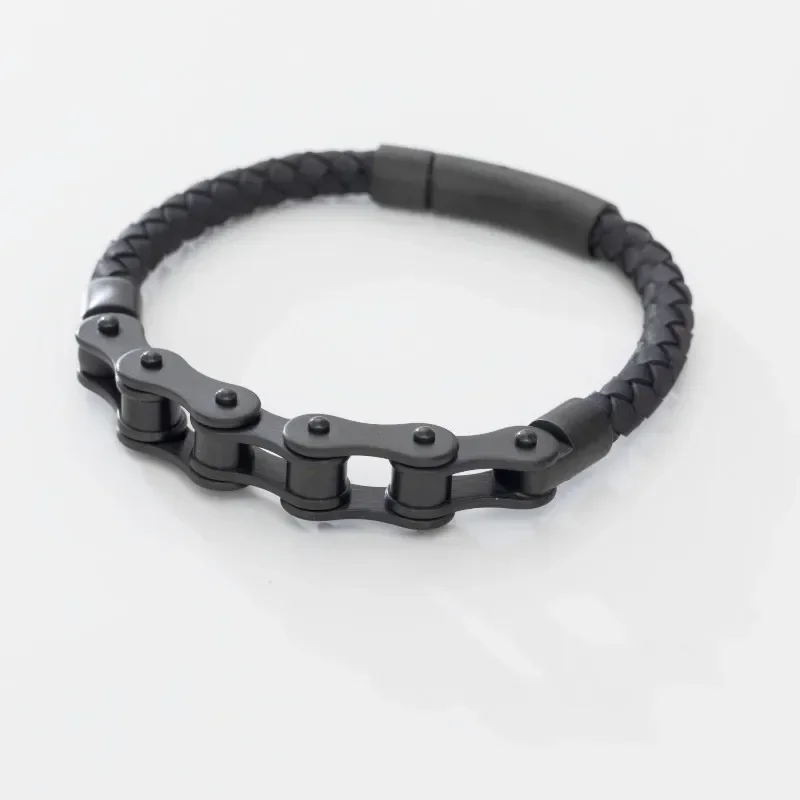 Retro Punk Bike Chain Hand Woven Leather Bracelet with Metal Buckle for Men Motorcyclist Rock Party Jewelry Gift