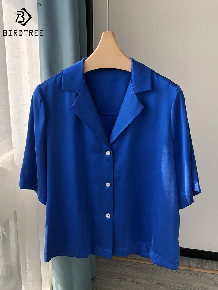 BirdTree 20MM Real Silk Plain Crepe Satin Shirt,Women Suit Collar Solid Short Sleeve,Simple Versatile Blouse,Spring T41651QD