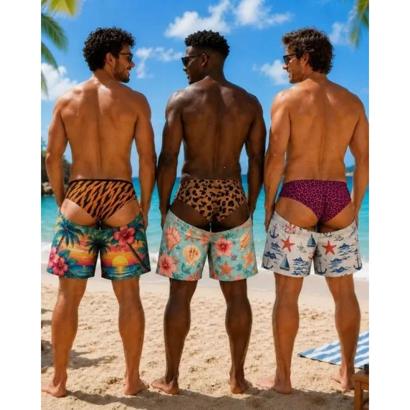 Men's 3D Print Funny Butt Prank Swim Trunks Hawaii Floral Beach Shorts Quick Dry Summer Surf Novelty Board Shorts Swimwear