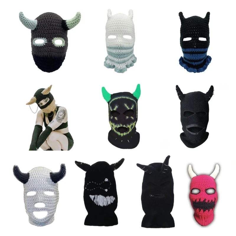 Devil Horn Halloween Knitted Hat Warm Full Face Cover Ski Mask Hat Windproof Balaclava Hat for Men Womens