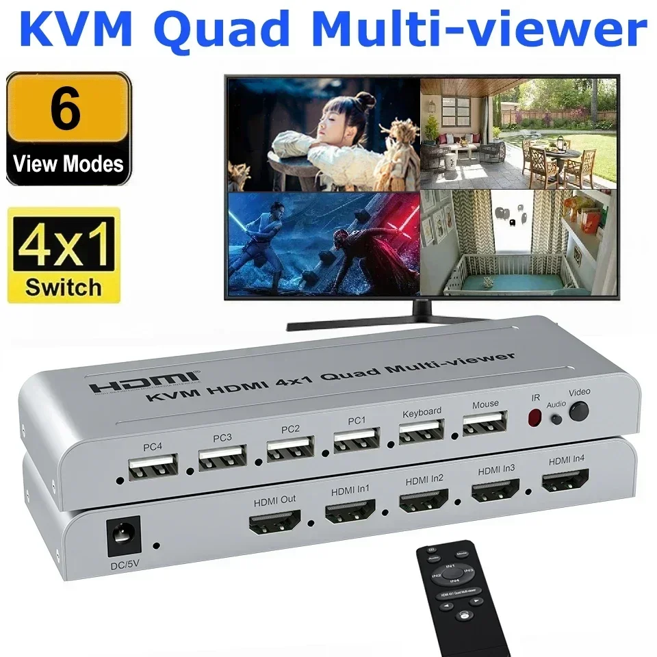 Multivisor KVM HDMI 4X1 Quad, 1080P, 2, 3 y 4 canales, multiplexor, compatible con teclado USB, ratón a través de 4 piezas