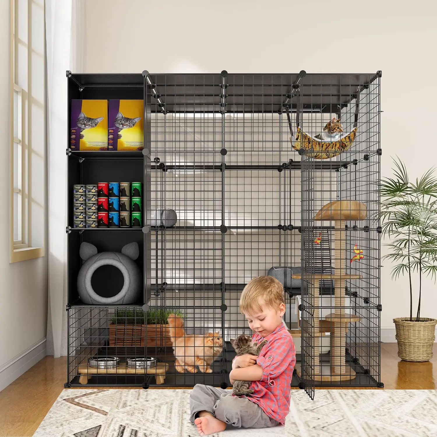 Large Cat Cage with Storage Cube DIY Indoor Catio Cat Enclosures Metal Cat Playpen with Large Hammock for 1-4 Cats