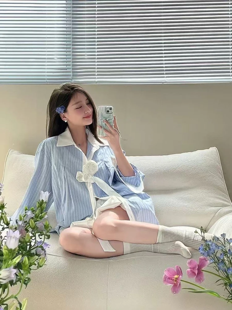 

Синяя полосатая рубашка с длинным рукавом, женские весенние свободные топы контрастного цвета с цветочным принтом, повседневные модные универсальные блузки