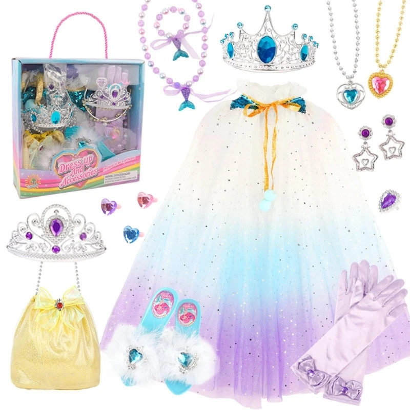 1Set Girl Princess Role Play Clothes Glitter Cloak Skirt Crown Jewelry Kit Gloves Handbag Princess Wand Kids Birthday Party Wear