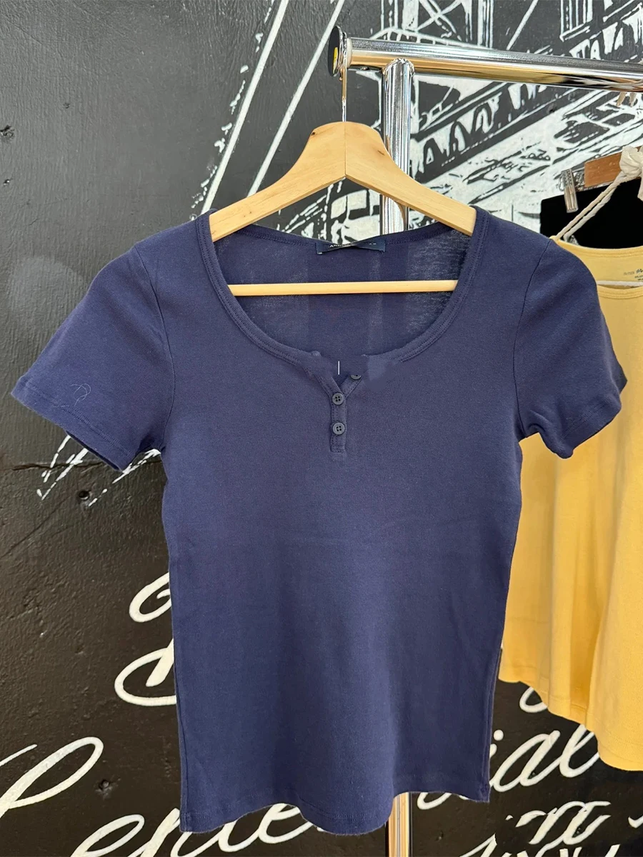 Navy Drei Knöpfe Basic T-shirt Frau Rundhals Kurzarm Baumwolle Dünne T-shirts Sommer Solide Vintage Einfache Neue Crop Top Y2k